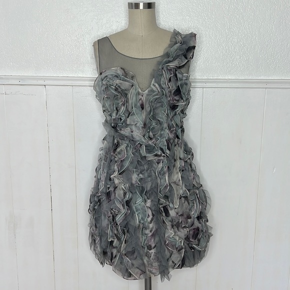 BCBGMaxAzria Gray Ruffled Cocktail Midi Dress - Picture 2 of 8